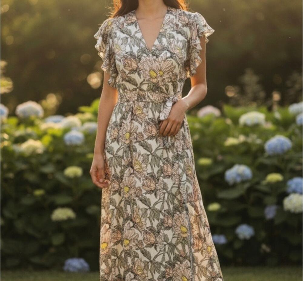 Anthropologie Blank London Flounce Floral Wrap Maxi Dress Women's XS Gray